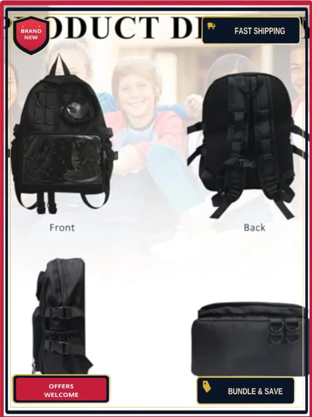 Nylon PVC Clear Window Backpack with Pin Display for School Travel Hiking
